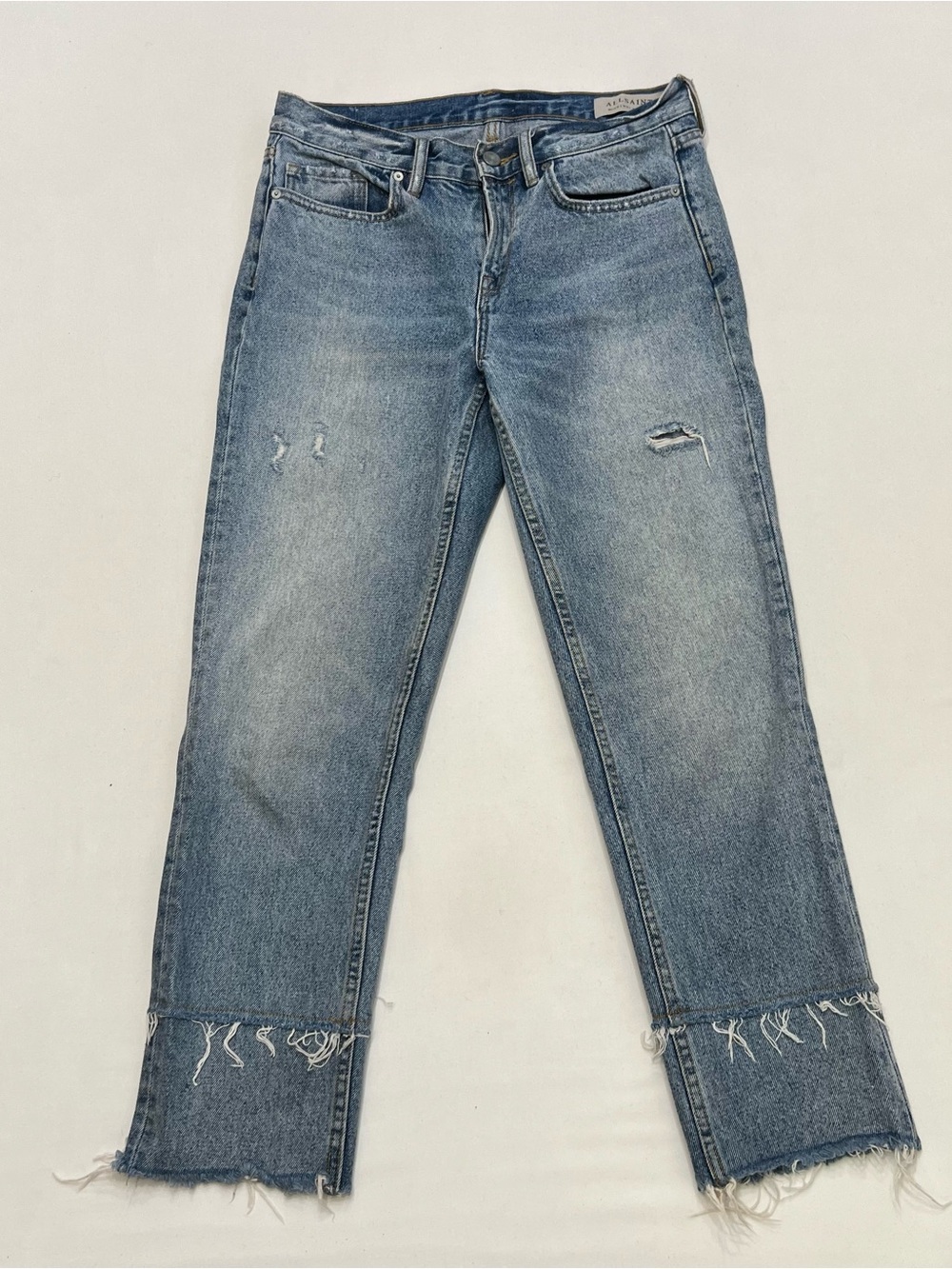 AllSaints Boy Fit Mid Rise Straight Leg Jeans W27 Distressed Light Wash Denim